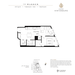 Floor plan for a 615 square foot home with one bedroom and one bathroom.