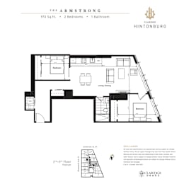 A black and white image of a floor plan for a 2 bedroom, 1 bathroom apartment.
