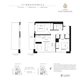 A floor plan for a 770 square foot home with two bedrooms and one bathroom is displayed.