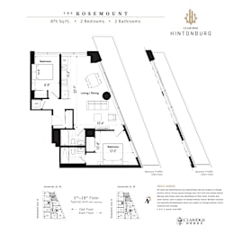 A floor plan for a property called The Rosemount, which is 875 square feet with 2 bedrooms and 2 bathrooms.