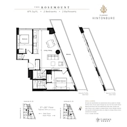 A floor plan for a 2 bedroom, 2 bathroom apartment at The Rosemount.