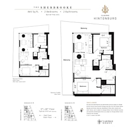 A floor plan for a 2 bedroom, 2 bathroom unit at The Sherbrooke in Hintonburg.