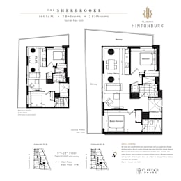 A floor plan for a 2 bedroom, 2 bathroom unit at The Sherbrooke in Clardige Hintonburg.