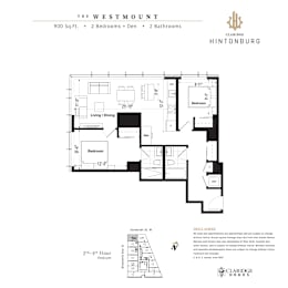 A floor plan for a 900 square foot home with two bedrooms and two bathrooms.