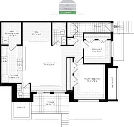 A floor plan of a house with labeled rooms and dimensions.