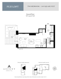 A floor plan for a two bedroom apartment sized 1169 square feet.