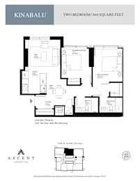 A floor plan for a two bedroom apartment sized at 844 square feet.