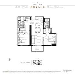 A floor plan for a Claridge Royale suite shows a living room, dining room, kitchen, and two bedrooms.