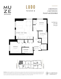 A floor plan for a fully accessible 2 bedroom, 2 bathroom apartment.