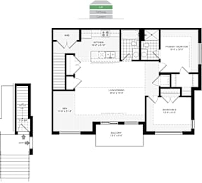 A floor plan of a house with a living room, two bedrooms, a kitchen, and a balcony.