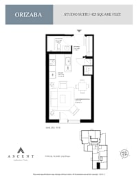 A floor plan for a 1425 square foot studio suite at Orizaba.