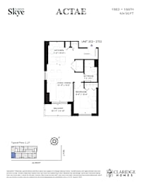 A floor plan for a 1 bedroom, 1 bathroom apartment at Claridge Homes.