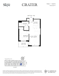 A floor plan for a home by Claridge Homes shows a living space, a bedroom, a bathroom, a kitchen, and a balcony.