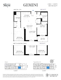A floor plan for a home with two bedrooms, two bathrooms, and a living area.