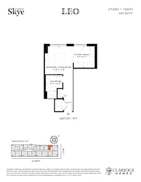 A floor plan for a home by Skye shows a studio apartment with one bathroom.