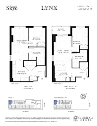 A floor plan for a Skye Lynx apartment shows two bedrooms, two bathrooms, a living room, a dining room, a kitchen, and a balcony.
