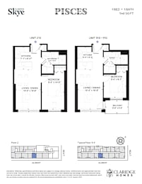 A floor plan for a Claridge Homes property in Pisces shows two units, 310-910 and 310-910, with detailed room measurements and layouts.