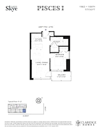 A floor plan for a unit at Claridge Homes shows a living room, dining room, kitchen, bedroom, and balcony.