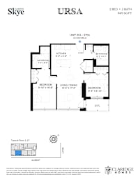 A floor plan for a 2 bedroom, 2 bathroom apartment at 865 Sq Ft.