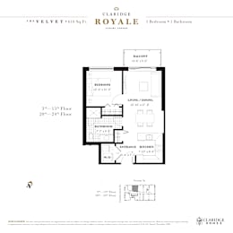 A floor plan for a property by Claridge Royale shows a 3rd floor with a balcony, bedroom, living/dining area, bathroom, and kitchen.