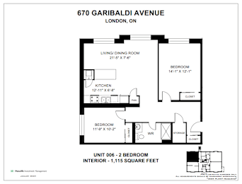 A floor plan for a 2 bedroom apartment at 670 Garibaldi Avenue, London, ON.