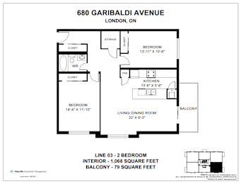 A floor plan for a two bedroom apartment at 680 Garibaldi Avenue, London, ON.