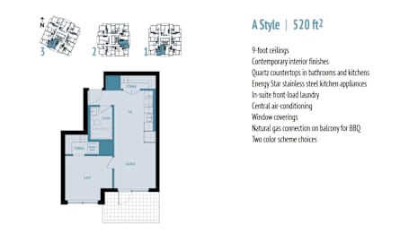 A blueprint of a house with a list of features on the right side.