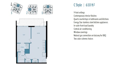 A floor plan for a C Style 610 ft2 property with a list of features.