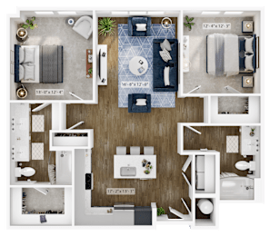 a 2 bedroom floor plan with a bathroom and a living room