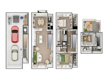 Four different floor plans of a house with a car.