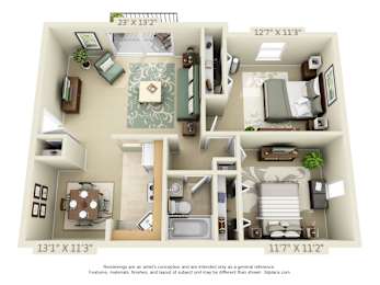 A 3D floor plan of a house with a living room, kitchen, dining room, and bedrooms.