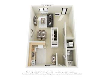 A 3D floor plan of a small apartment with a kitchen, living room, and bathroom.