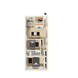 3D furnished rendering of the B1 Elm 800-square-foot two-bedroom, one-and-a-half-bath apartment at Society Hill at Lehigh Park Apartments.