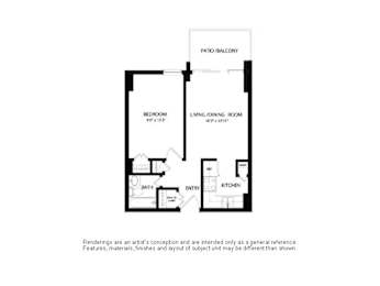 A floor plan of a home with a bedroom, bathroom, kitchen, and living/dining room.