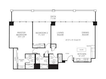 A black and white floor plan of a house with a master bedroom, two bathrooms, a living room, a dining room, a kitchen, a pantry, a foyer, and a deck.