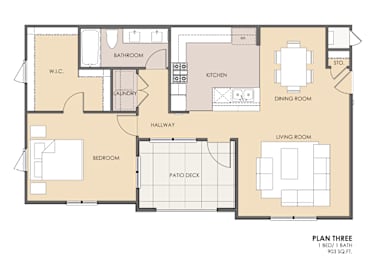 A floor plan of a one bedroom apartment with a living room, kitchen, bathroom, and a dining room.