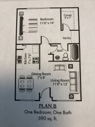 1 Bedroom 1 Bath Plan B Floor Plan at Villa La Paz, Bellflower, CA
