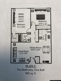 2 Bedroom 1 Bath Plan C Floor Plan at Villa La Paz, Bellflower