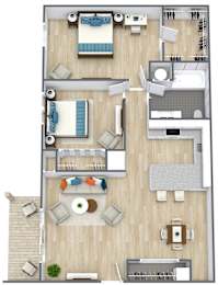 Floor Plan  A top-down view of a house layout with a living room, kitchen, and dining area.