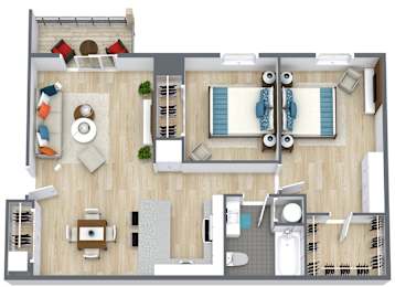 A top-down view of a well-furnished living room, kitchen, and dining area.