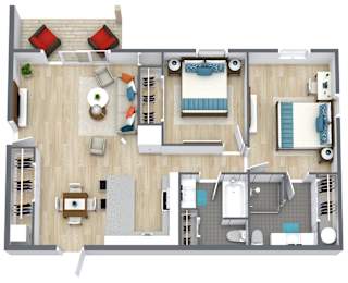 A top-down view of a house layout with a living room, kitchen, and bathroom.