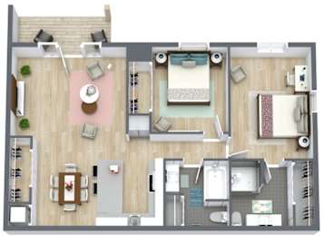 A top-down view of a house layout with a kitchen, living room, and bathroom.