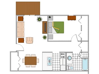 A floor plan of a house with a kitchen, living room, dining room, and bathroom.