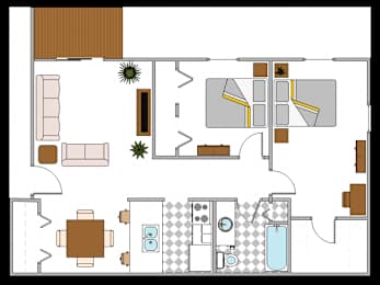 A floor plan of a house with a kitchen, living room, and bathroom.