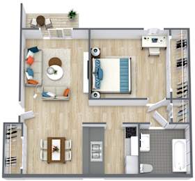 A top-down view of a small apartment with a living room, kitchen, and bathroom.