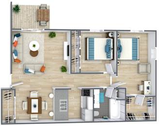 A top-down view of a house layout with a living room, kitchen, dining area, and bedrooms.