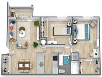 A top-down view of a small apartment with a kitchen, living room, and bathroom.