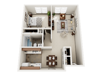 a 3d floor plan of a house with a bedroom and a living room