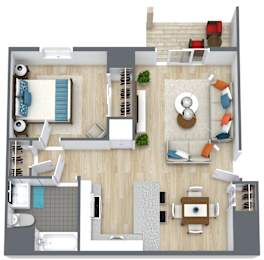 A top-down view of a modern apartment layout with a living room, kitchen, and bathroom.