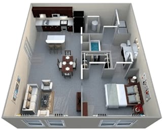 A 3D floor plan of a small apartment with a kitchen, living room, and bedroom.